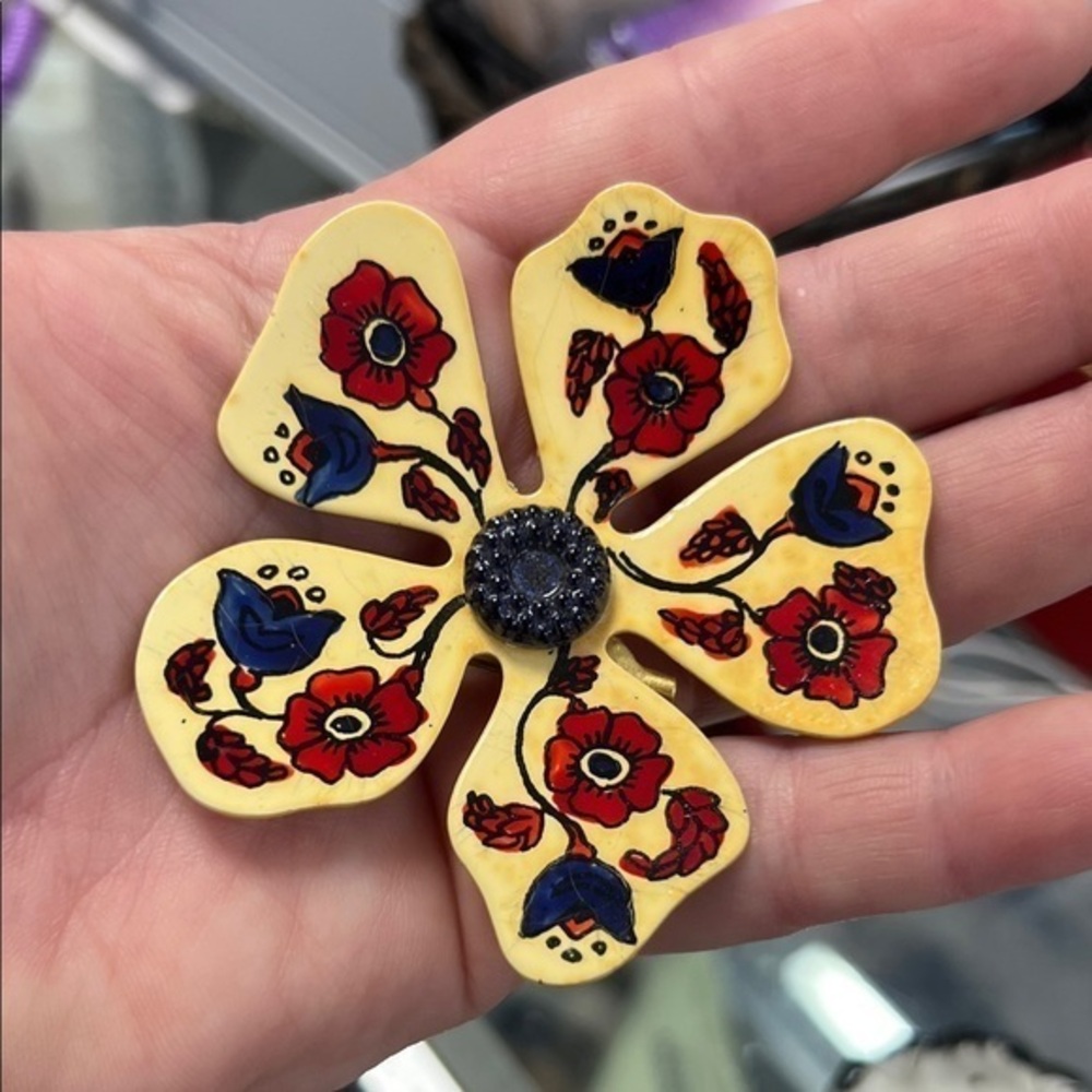 Charming Floral Brooch with Red and Yellow Accents vintage West Germany